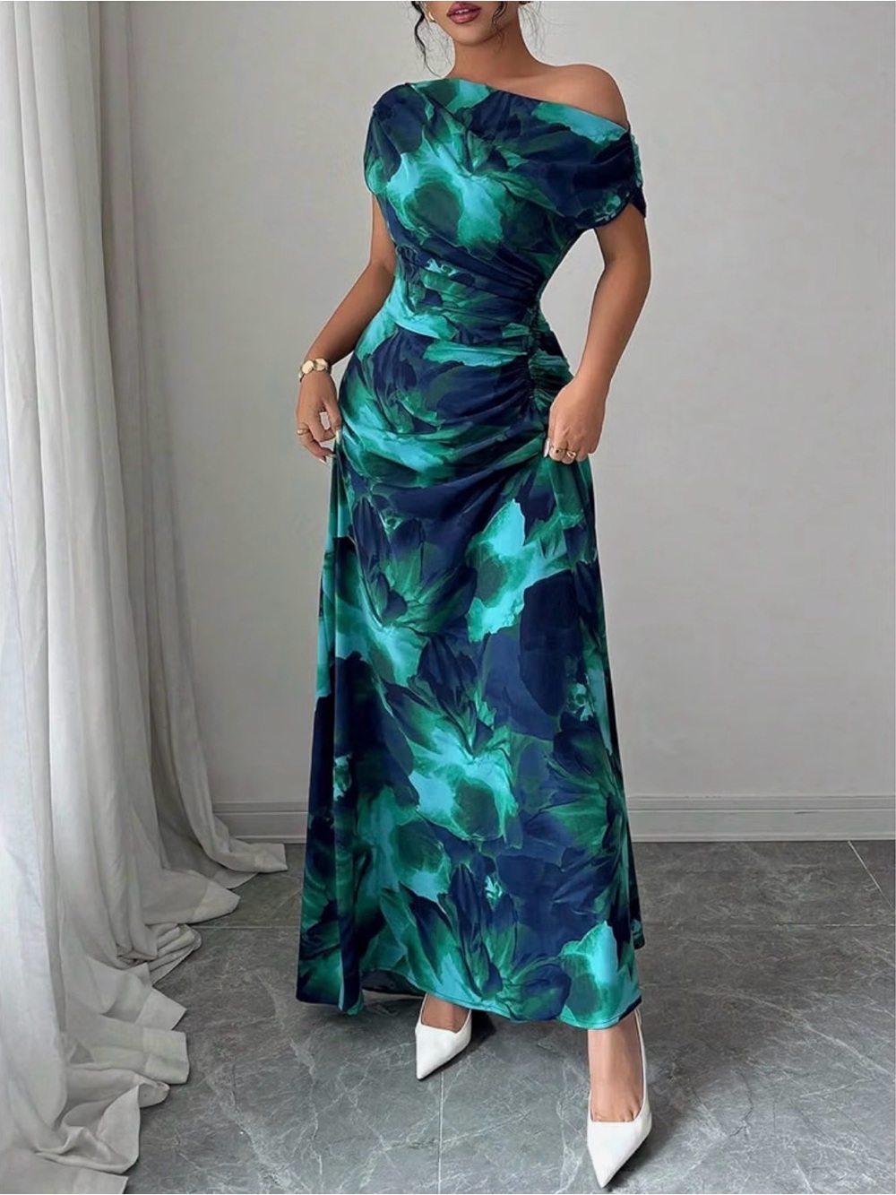 Off-Shoulder Green Floral Evening Maxi Dress